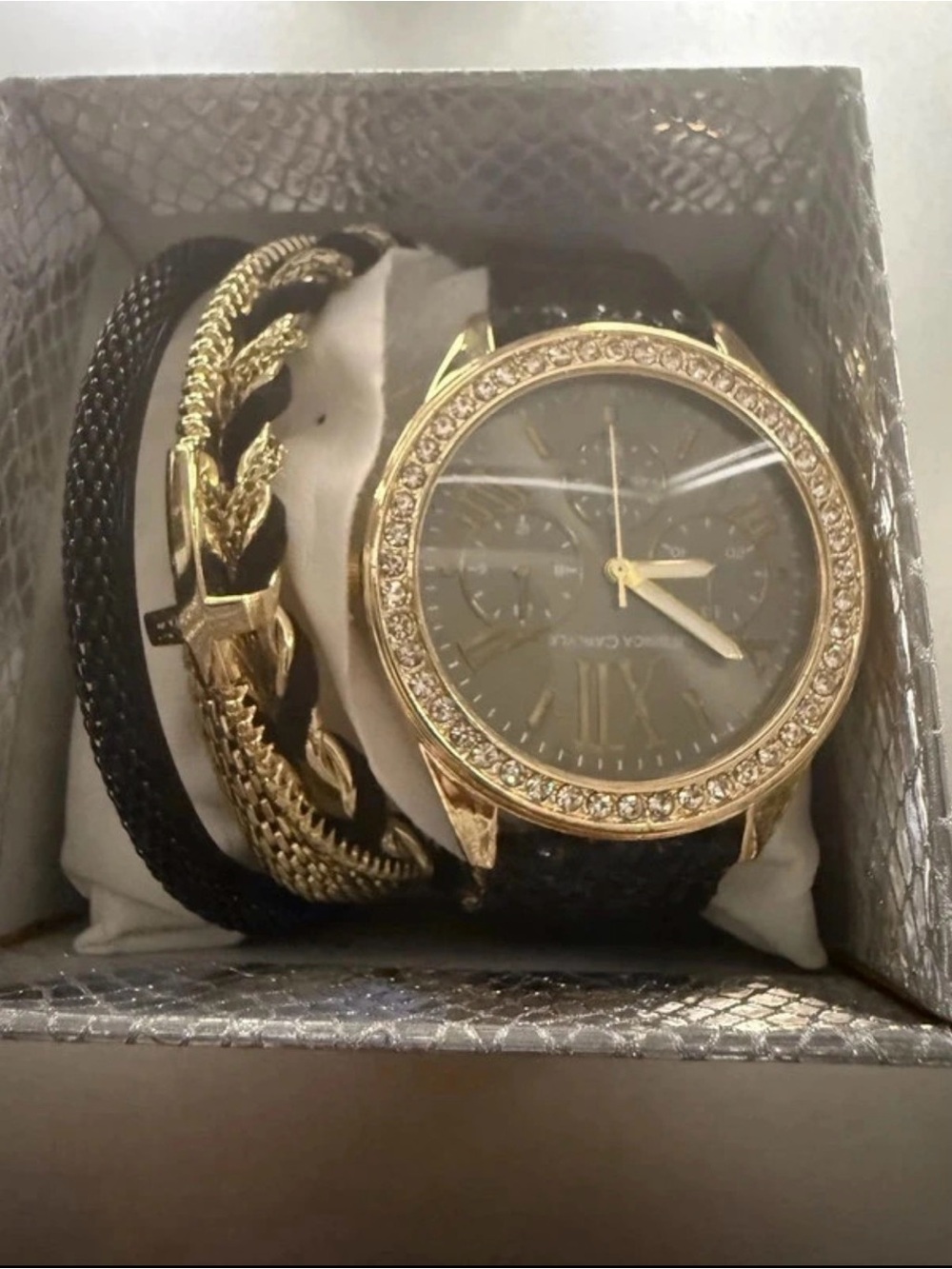 Gold-Tone Women’s Watch with Black Dial and Matching Bracelet Set